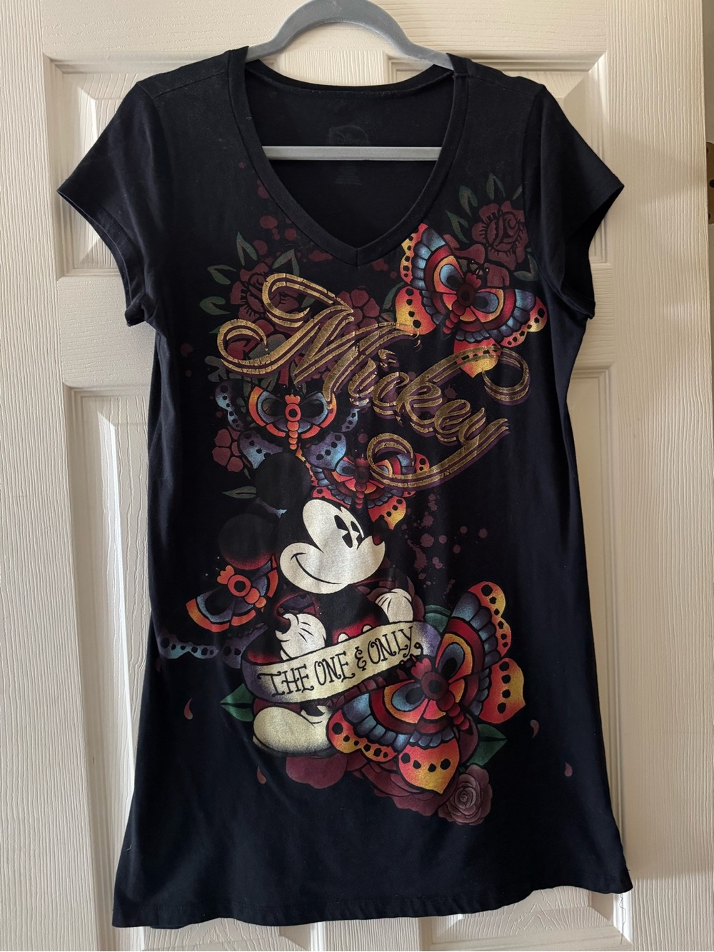 Mickey Graphic V-Neck Tee in Black with Multicolor Floral Print